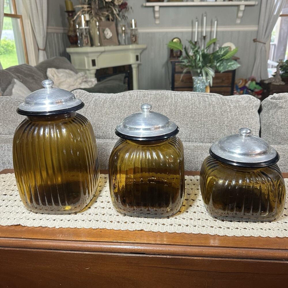 Vintage Artland Amber Glass Ribbed Apothecary Canisters Set Of 3 Pewter Lids